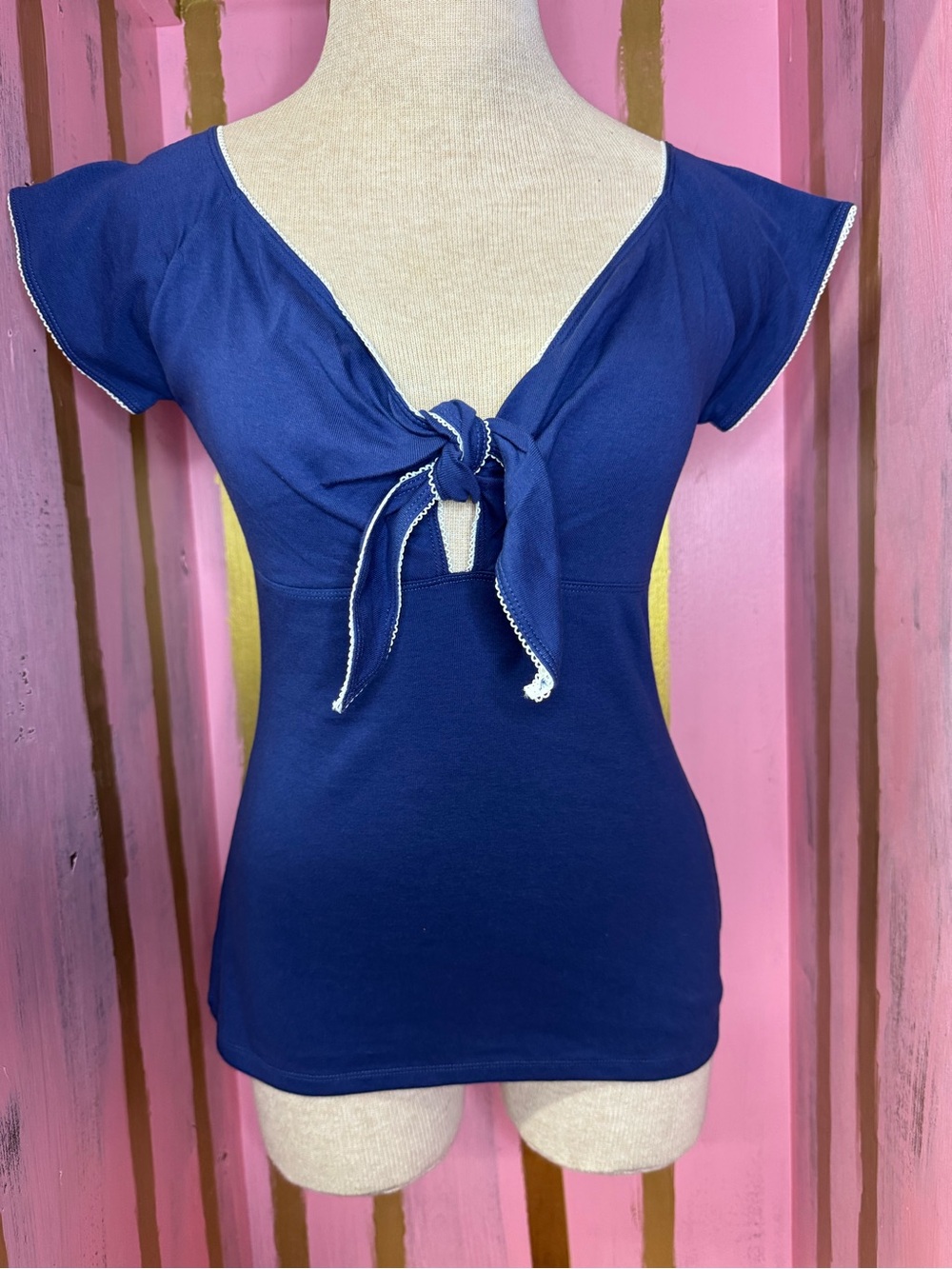 NWT Hell Bunny Navy Tie-Front Cap Sleeve Top - Women's